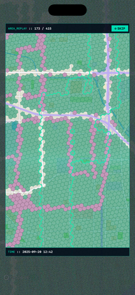 an area replay in progress: a framed section of the map where tiles light up one by one in the order they were discovered, with a counter and a timestamp