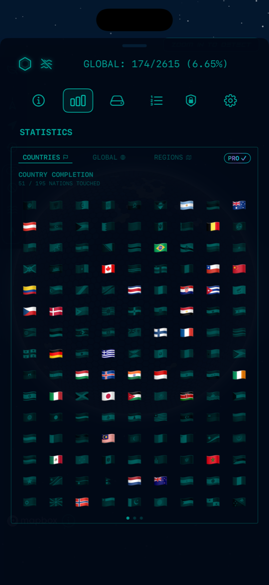 the countries page: a grid of national flags, the visited ones lit and the rest dim, with a count of nations touched