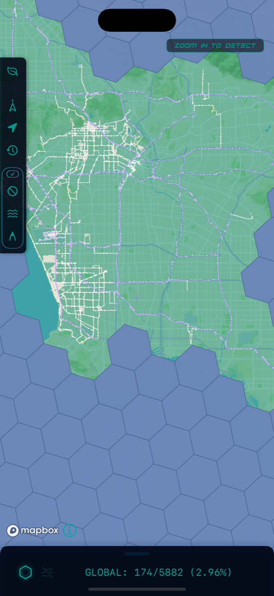 the Surveyor-64 map over Los Angeles: green fog covering the unexplored city, with clear trails along the streets and freeways that have been travelled