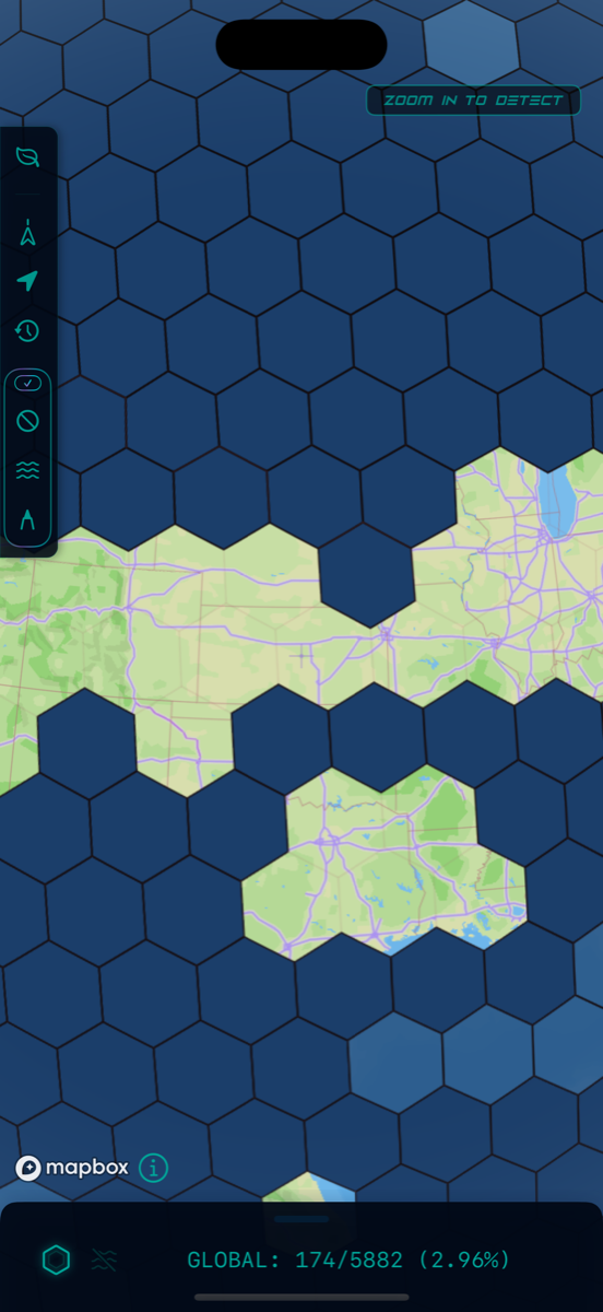 the United States from far out, with large hexagonal regions cleared where trips have been taken